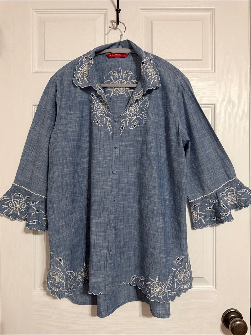 Lakshita Embroidered Chambray Button-Front Shirt - Blue